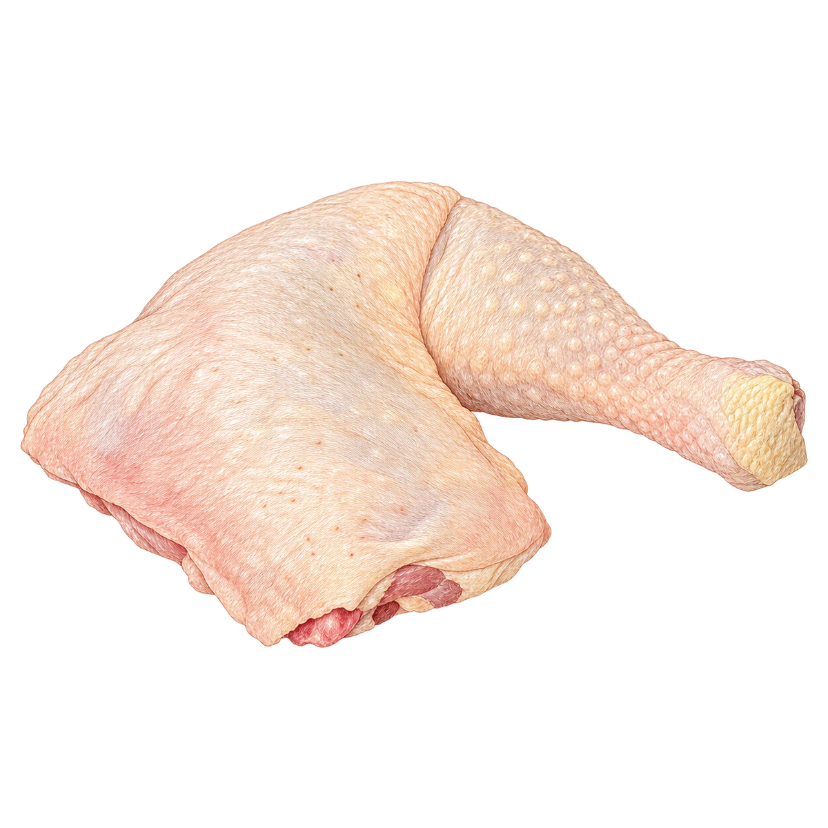 Illustratie van een rauwe kippenbout met dij en drumstick aan het bot