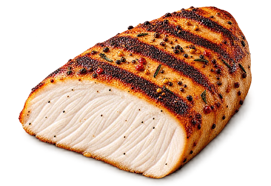 Doorsnede van gegrilde kipfilet: goudbruine grillstrepen en gaar wit vlees