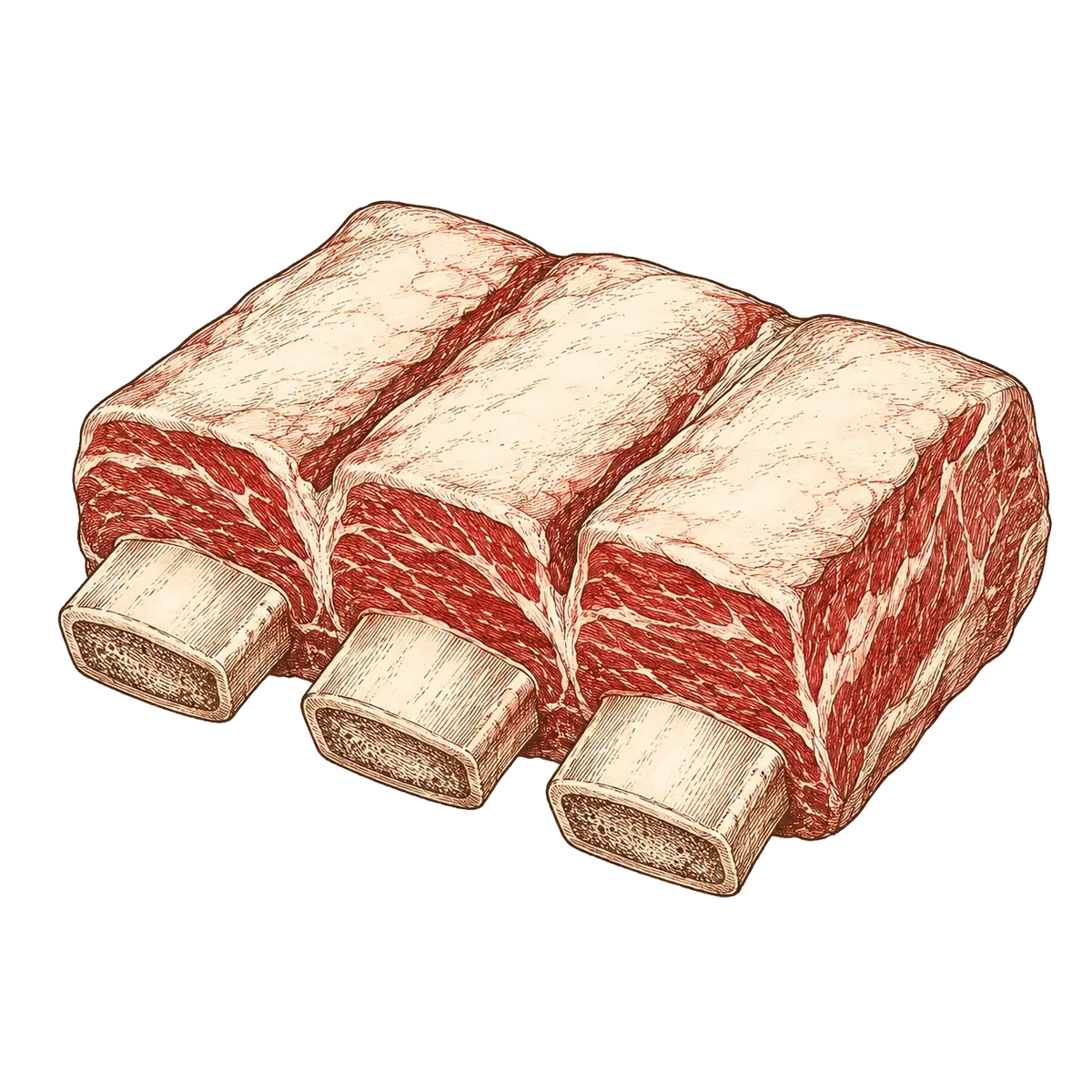 Illustratie van drie beef shortribs aan het bot