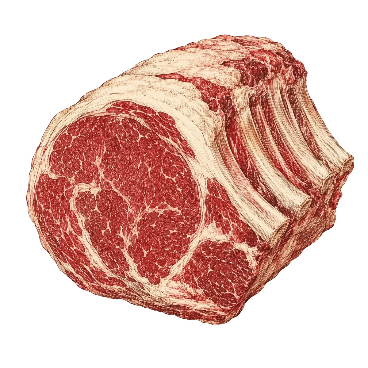 Illustratie van een rib roast, een hele ribeye aan het stuk met ribbenbotten