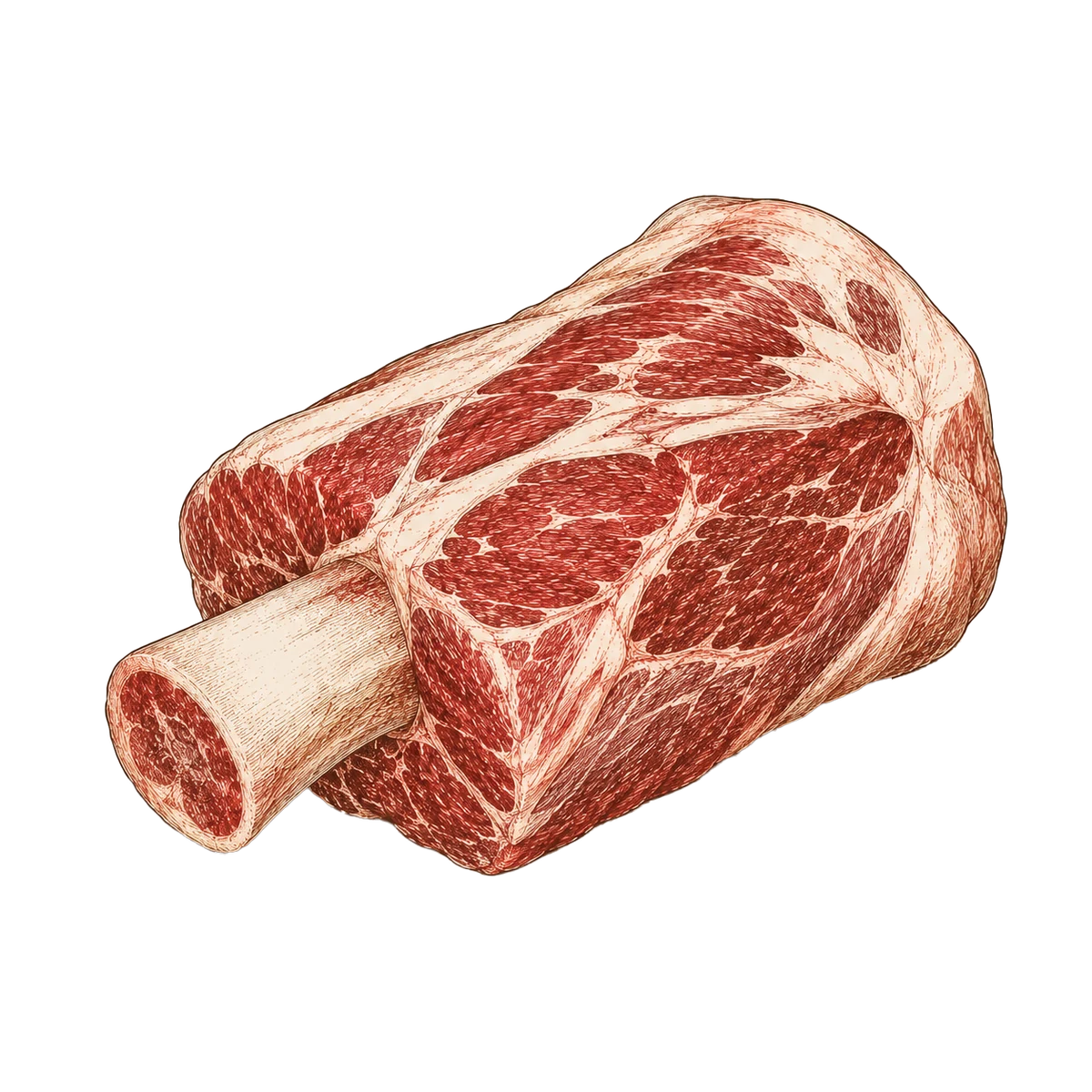Illustratie van een beef hammer, de achterschenkel aan het bot