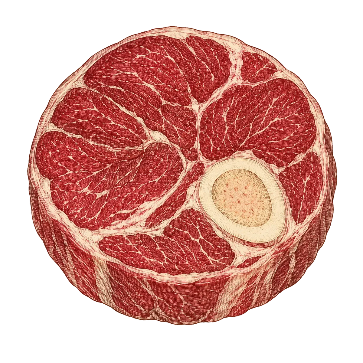 Illustratie van een runderschenkel met de mergpijp in het midden