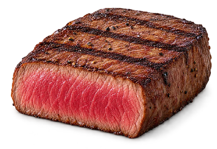 Doorsnede van een gegrilde steak op medium rare, met een warm rode kern bij 48 tot 53 graden kerntemperatuur
