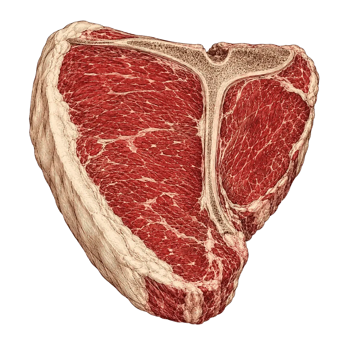 Illustratie van een T-bone steak met entrecote en haas aan weerszijden van het bot