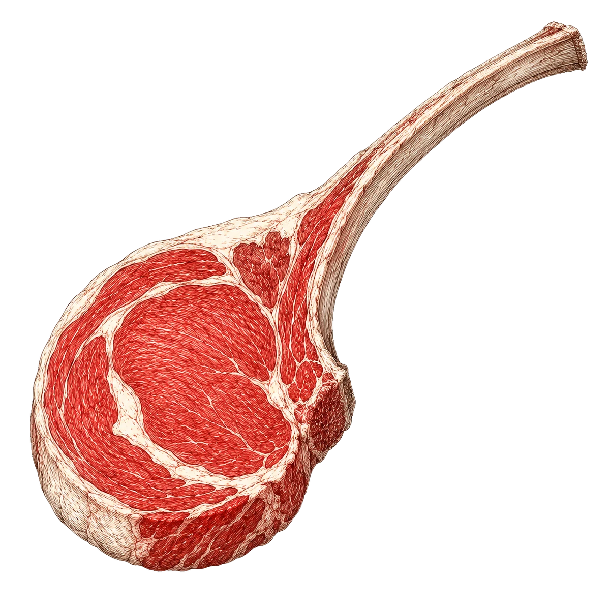 Illustratie van een tomahawk steak met lang schoongemaakt rib bot