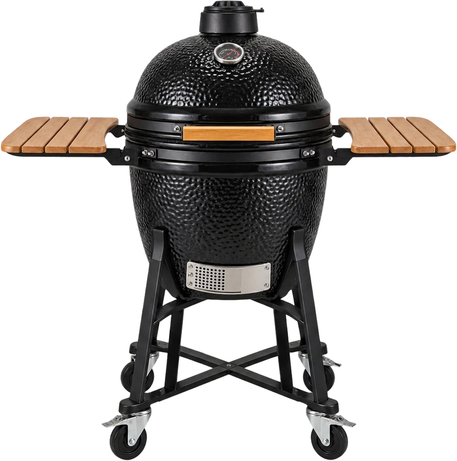 Zwarte keramische kamado barbecue met houten zijtafels op een onderstel met wielen
