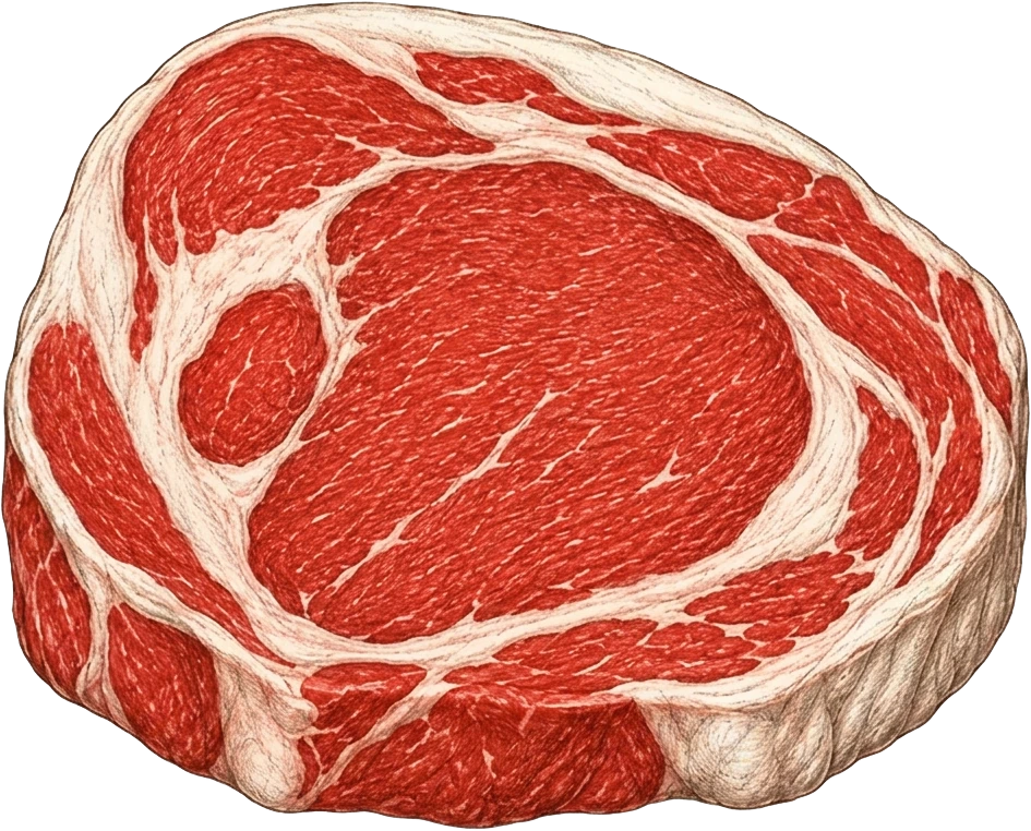 Illustratie van een ribeye steak met duidelijke marmering en de vetader in het midden